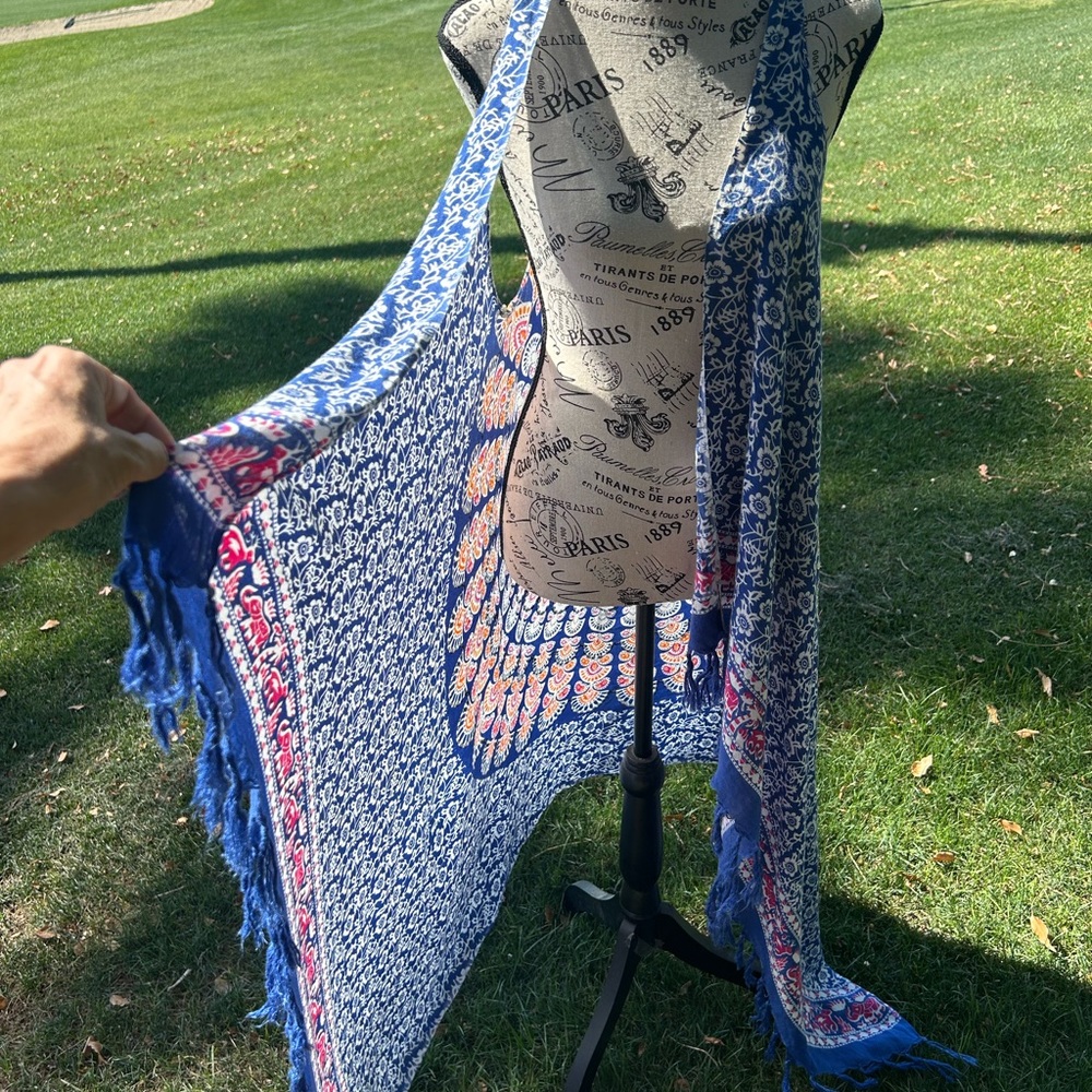 Boho Mandala Open Long Vest Blue Paisley  lFestival Kimono Coachella Desert Vibe